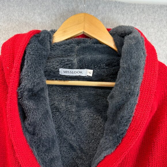 Misslook Red Hooded Cardigan‎ Bunny Rabbit Glasses Faux Fur Lining Size Large ? - Picture 2 of 11
